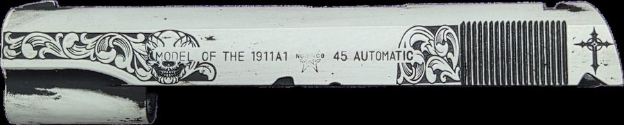 1911 slide with hand-scroll engraving and skull motif